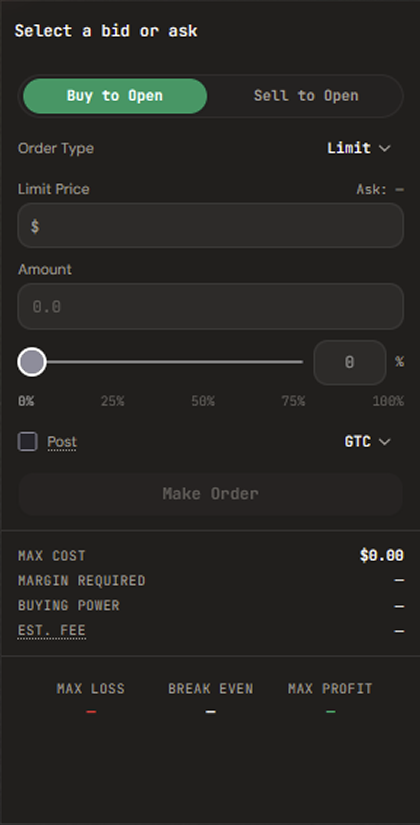 The Vault options trading slip set to Buy to Open with a Limit order, showing the limit price at the current ask, an amount field with a percentage slider, Post and GTC settings, and Max Cost, Margin Required, Buying Power, and Est. Fee above the Max Loss, Break Even, and Max Profit payoff summary.