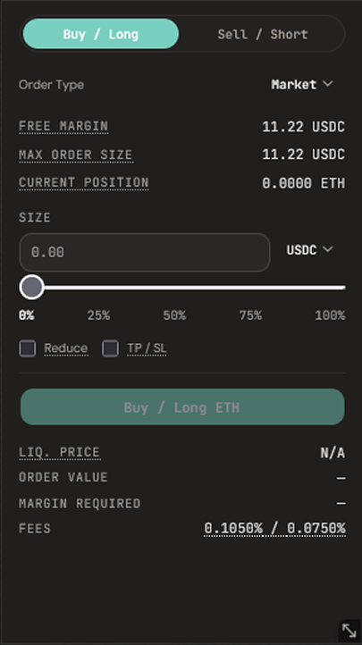 The Vault perps order form set to Buy / Long with a Market order, showing free margin, max order size, current position, the size slider, Reduce and TP / SL checkboxes, and the resulting liquidation price, order value, margin required, and fees before submitting.